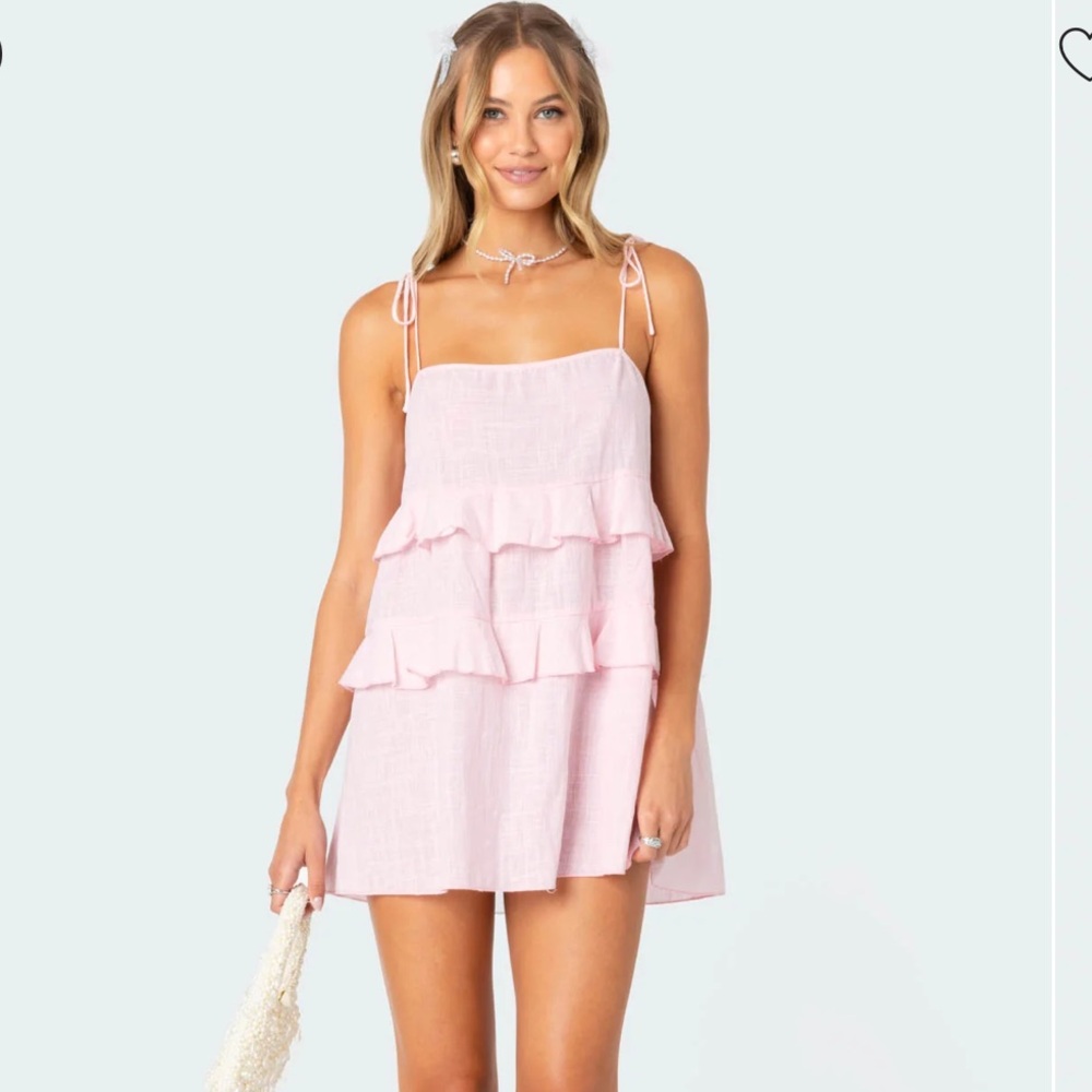 Edikted Dorothia Sheer Linen Look Mini dress light pink ruffle sleeveless XS